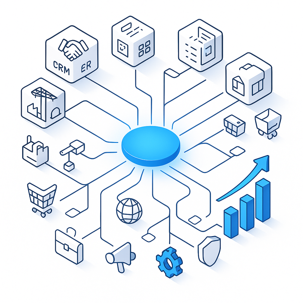 Minimalist isometric vector hero for a management consulting firm a central softly glowing digital fusion disk hub on white in 105fb5 radiating sleek